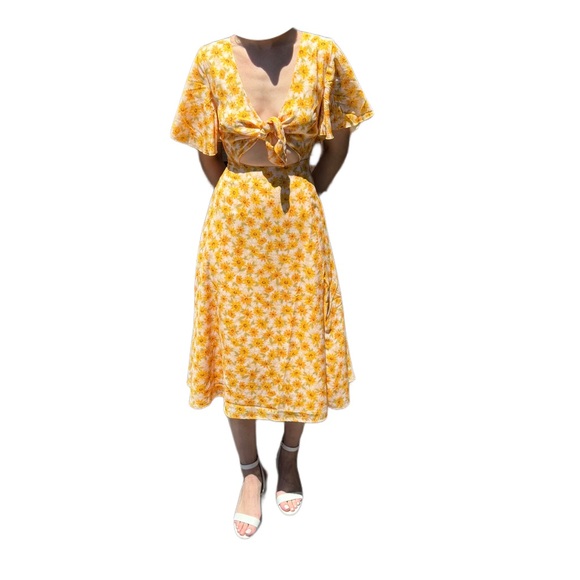 Yellow flower sundress, spring, front tie, cutout, midi, SHOWPO - Picture 3 of 9